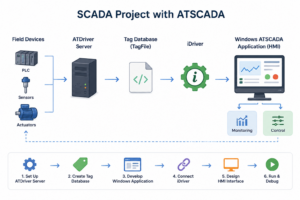 Simple SCADA project workflow diagram using ATSCADA Toolkit with PLC, ATDriver Server, Tag Database, iDriver, and Windows HMI application connected in a clean industrial automation process.