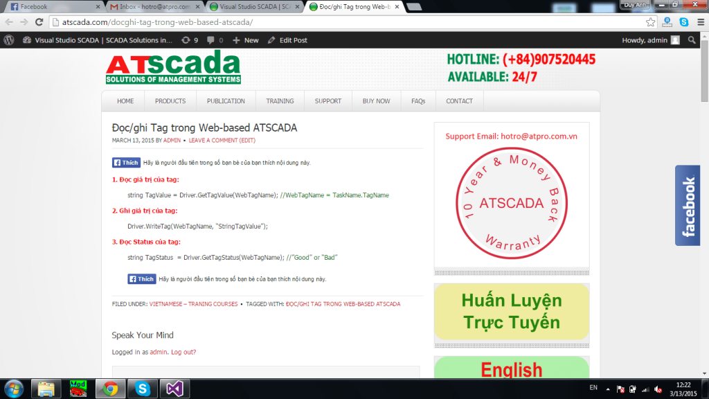 Web SCADA software interface showing tag read and write functions with ATSCADA