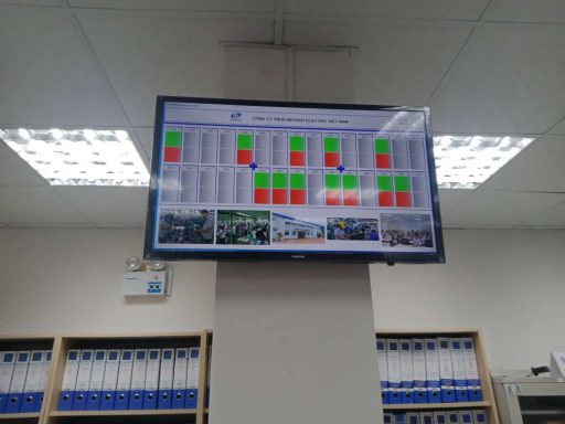 **SEO-optimized ALT text:** `Ceiling-mounted Andon display board showing color-coded machine status, downtime alerts, and real-time production monitoring in factory`