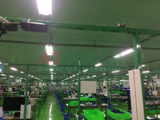 **SEO-optimized ALT text:** `Large-scale garment factory interior with multiple production lines and overhead Andon display system for real-time manufacturing monitoring`