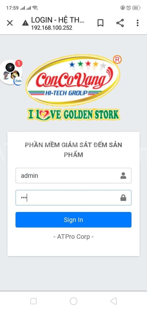 product counting monitoring system login interface on mobile device