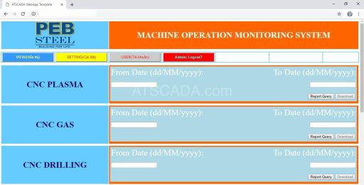 SCADA monitoring system interface for filtering industrial operation data by date