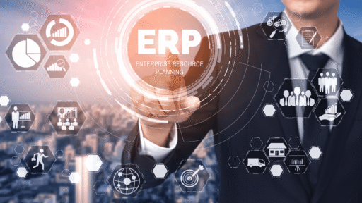 ERP enterprise resource planning system concept with digital interface, business analytics icons, and smart manufacturing integration