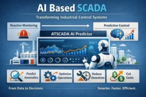 AI Based SCADA infographic showing predictive control with ATSCADA AI Predictor, highlighting anomaly detection, operational optimization, reduced downtime, and cost savings