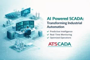 AI Powered SCADA system with control center dashboard, smart factory, energy grid, and real-time predictive analytics visualization