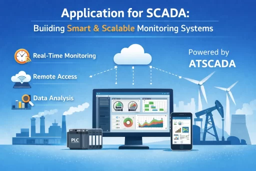 Application for SCADA illustration showing smart monitoring system with real-time data, remote access, and ATSCADA platform interface