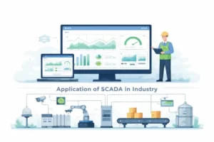 Application of SCADA in Industry showing real-time monitoring dashboard, industrial automation system, sensors, and control equipment