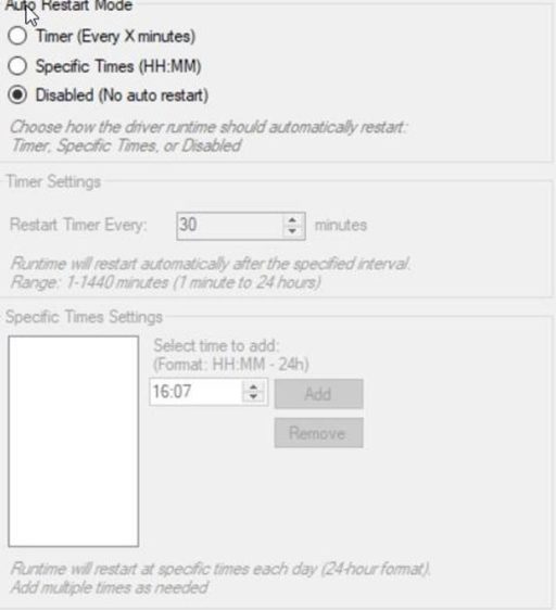 ATDriver Server advanced configuration showing Auto Restart Mode options with Disabled selected, timer restart interval settings, and specific daily restart time scheduling panel.