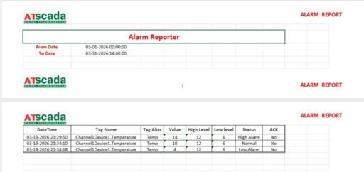 ATSCADA Alarm Report document preview showing Alarm Reporter header, date range, and alarm log table with device temperature values.