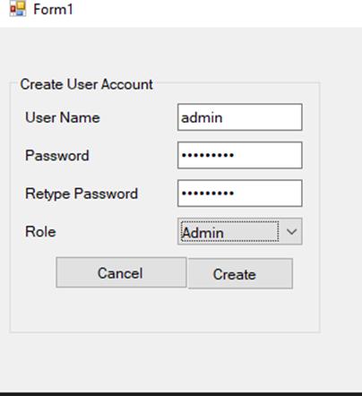 ATSCADA Authentication Create User Account form with admin username, masked password fields, Admin role dropdown, and Create/Cancel buttons.