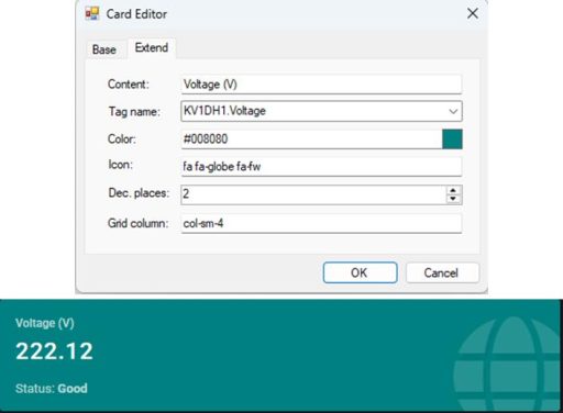 Card Editor extend tab configuring Voltage V content, KV1DH1.Voltage tag, teal color, and grid size