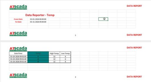 ATSCADA exported Excel data report displaying Temp, High Temp, and Low Temp values with company branding.
