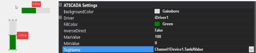 ATSCADA iGraphicTools horizontal and vertical bar controls with settings panel showing background color, driver, fill color, max and min values, and TankAValue tag name.