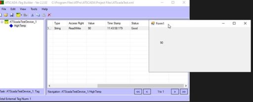 ATSCADA iTag Builder showing HighTemp tag updated to value 90 with Visual Studio Form1 displaying synchronized real-time value 90.