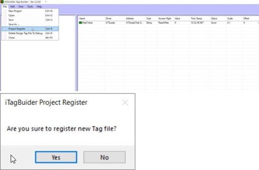 ATSCADA iTagBuilder interface showing File menu with Project Register selected and confirmation popup asking to register new tag file with Yes and No options.