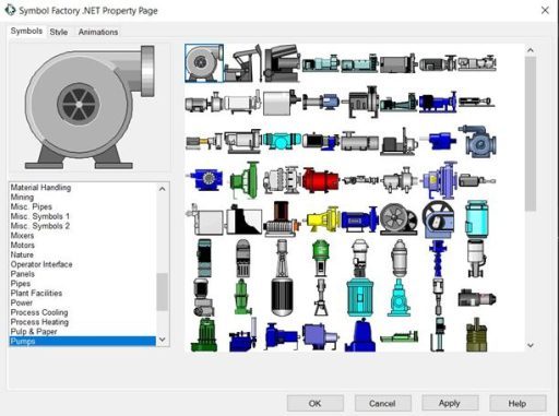 Symbol Factory .NET Property Page displaying industrial symbol library with pumps category selected and multiple equipment icons for HMI design.