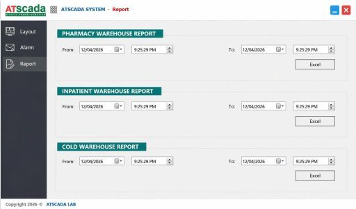 ATSCADA System report dashboard with pharmacy, inpatient, and cold warehouse report sections, date time filters, and Excel export buttons