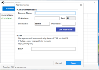 Add New Camera dialog for configuring ONVIF IP camera connection, RTSP path, IP address, and login credentials