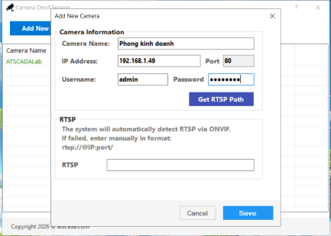 Camera Onvif Service camera configuration with IP address, user credentials, and RTSP path detection via ONVIF