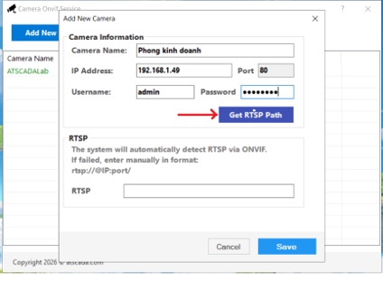 Get RTSP Path button in Camera Onvif Service for automatically detecting the ONVIF camera RTSP stream URL