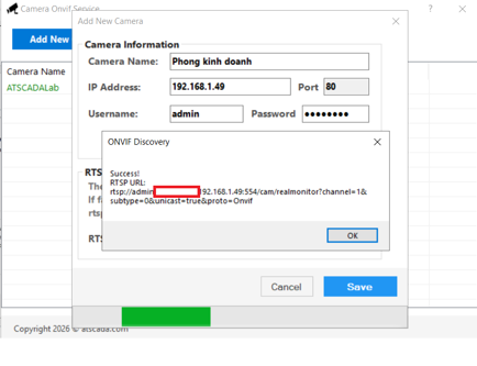 ONVIF Discovery successfully detected the RTSP stream URL for the connected IP camera