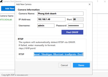 Camera Onvif Service displaying the automatically detected RTSP stream URL after successful ONVIF discovery