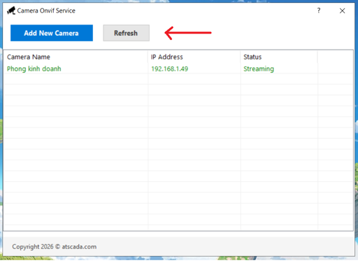 Refresh button in Camera Onvif Service for updating ONVIF IP camera connection and streaming status