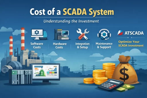 Cost of a SCADA System illustration showing software, hardware, integration, and maintenance costs in industrial automation