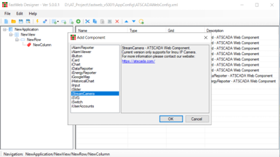 Fastweb Designer interface for adding the iStreamCamera component to display ONVIF IP camera live video streams