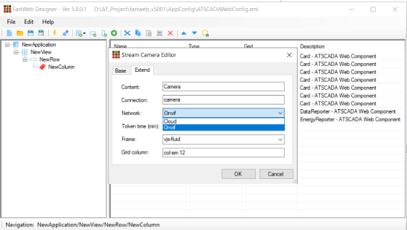 iStreamCamera component settings in Fastweb Designer with ONVIF network configuration for IP camera streaming