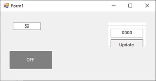 Form1 application window displaying value 50, gray OFF status button, and numeric input panel with Update button.