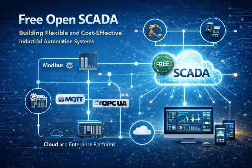 Free open SCADA system architecture with OPC UA, MQTT, Modbus and cloud integration for industrial automation