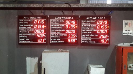 Industrial welding monitoring display showing auto weld runtime, standby time and efficiency metrics using ATSCADA Custom Component
