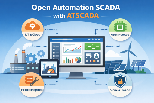 Open automation SCADA with ATSCADA showing IoT integration, open protocols, industrial monitoring dashboard and scalable control system