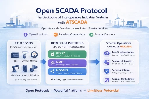Open SCADA protocol diagram showing field devices, communication protocols and ATSCADA platform for industrial automation and data integration