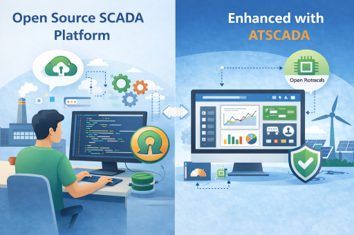 Open source SCADA platform integrated with ATSCADA showing developer coding environment and industrial monitoring dashboard with secure automation system