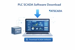 PLC SCADA software download interface with laptop dashboard, PLC connection, and ATSCADA industrial automation system