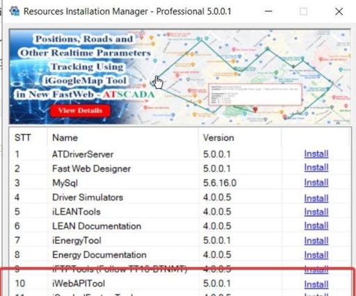 Resources Installation Manager Professional interface listing ATSCADA software modules with iWebAPITool highlighted for installation.