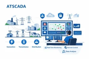 SCADA application in power system illustrating grid monitoring, transmission, and distribution with ATSCADA dashboard