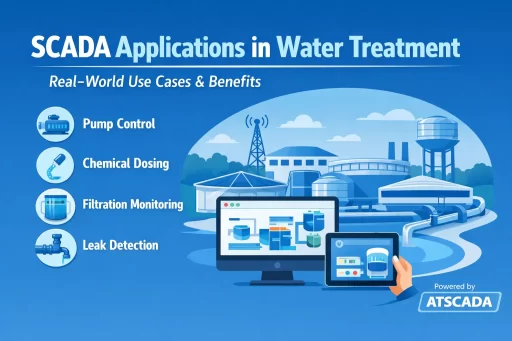 SCADA applications in water treatment showing pump control, chemical dosing, filtration monitoring, and leak detection with ATSCADA system interface