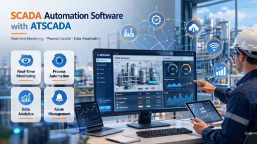 SCADA automation software dashboard with ATSCADA in industrial control room for real-time monitoring, data analytics and process automation