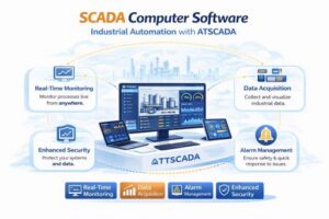 scada computer software infographic with ATSCADA showing dashboard, real-time monitoring, data acquisition and alarm management