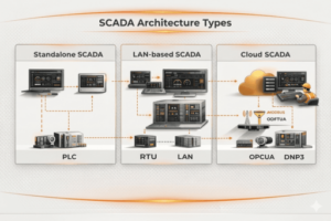 SCADA data flow architecture diagram showing field devices, PLC RTU, SCADA server, HMI dashboard and cloud analytics in industrial automation