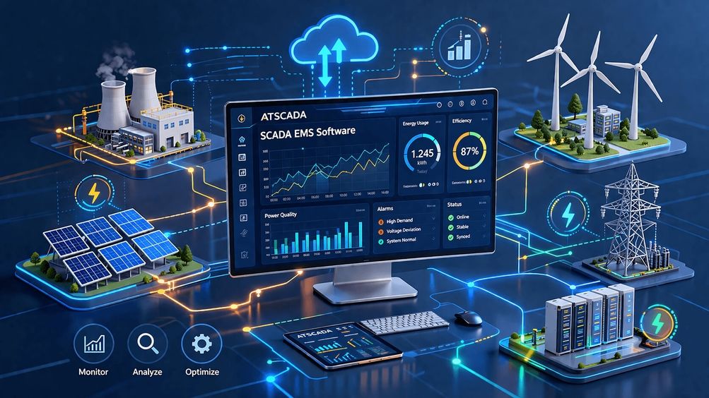 scada ems software system with ATSCADA for industrial energy monitoring, renewable energy integration, and real-time optimization dashboard