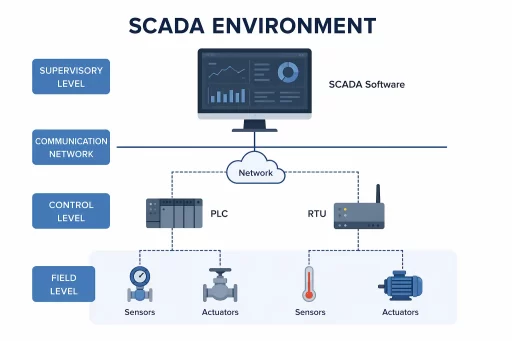 SCADA environment diagram showing architecture, components, and industrial integration