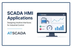 SCADA HMI applications interface with ATSCADA dashboard showing real-time industrial monitoring, charts, and control system visualization