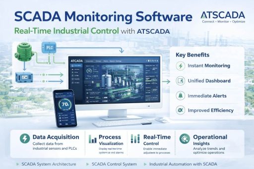 scada monitoring software infographic with ATSCADA showing data acquisition, real-time control, and industrial process visualization system