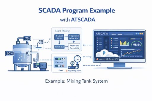 scada program example with ATSCADA showing industrial control logic, sensors, and real-time monitoring dashboard