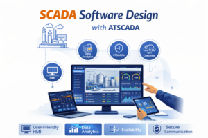 Scada software design interface with ATSCADA showing dashboard, data analytics and industrial monitoring system