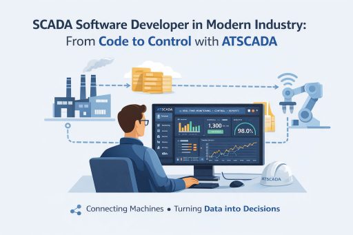 SCADA software developer in modern industry using ATSCADA platform to monitor industrial systems, connect machines, and transform data into real-time decisions